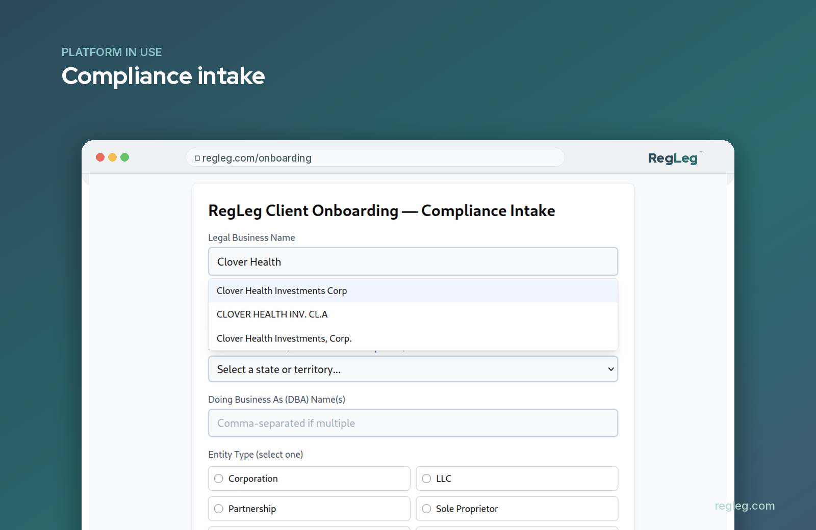 Compliance intake, RegLeg platform